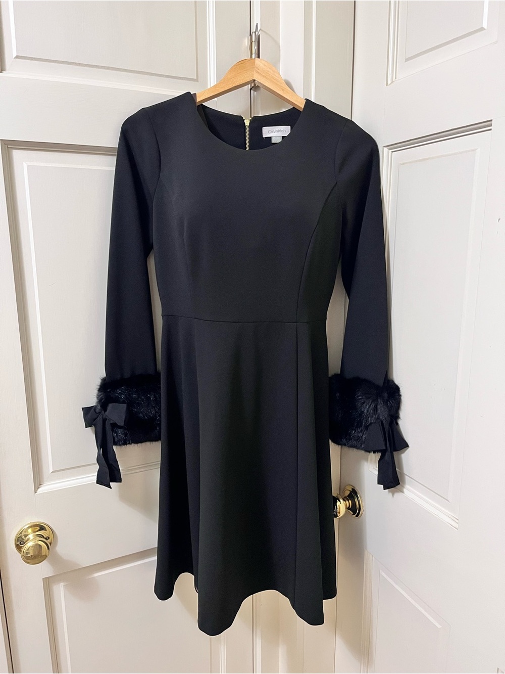 Calvin Klein Black Long-Sleeve A-Line Dress with Faux Fur Cuff Bows